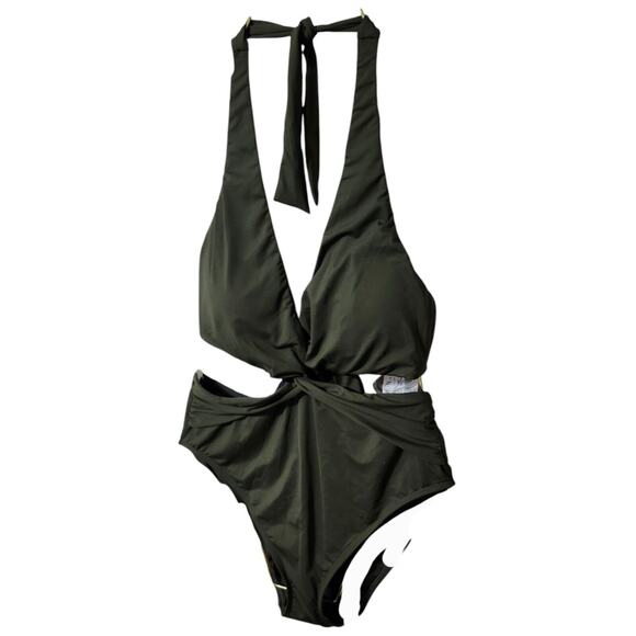 NEW Lauren‎ Ralph Lauren Twist-Front Cutout Halter One-Piece Olive Green Size 10 - Picture 5 of 9